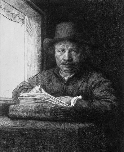 Zelfportret tijdens het tekenen door Rembrandt van Rijn